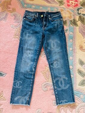 CHANEL Blue Logo-Print Skinny Jeans